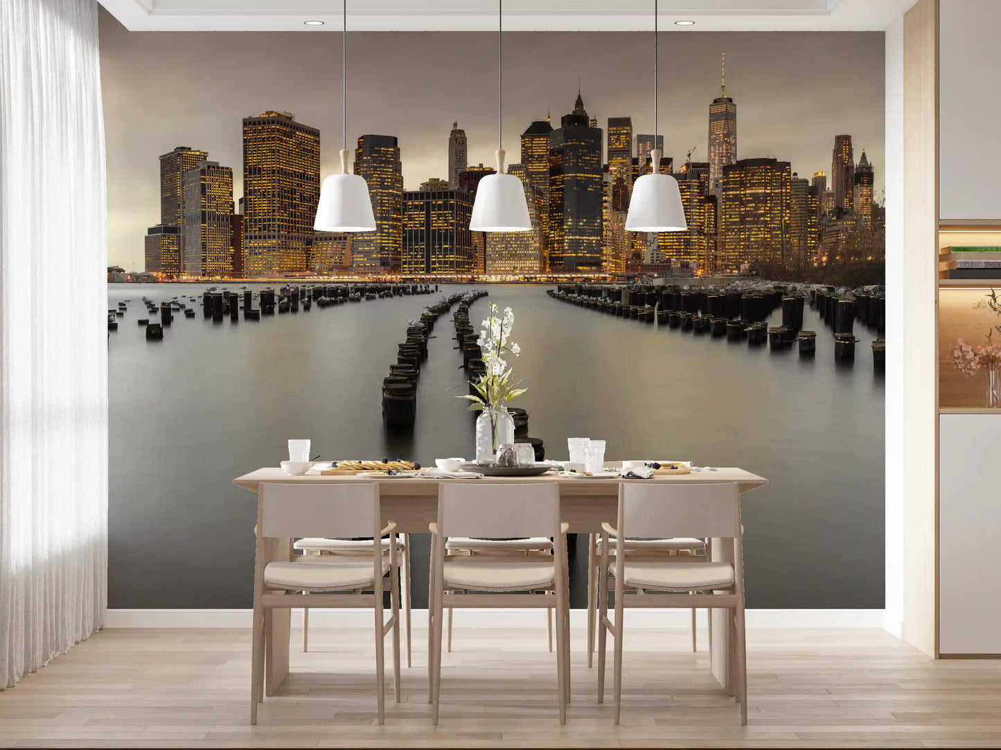 Evening NYC wall mural with glowing windows and dark water pilings., GD9868