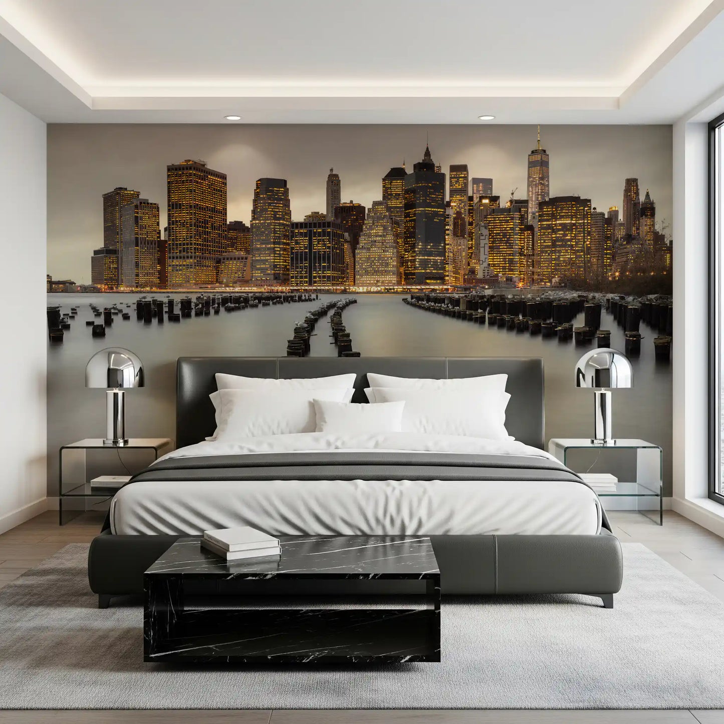 Twilight Urban wall mural with yellow lights and wooden pier posts., GD9868