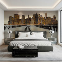 Twilight Urban wall mural with yellow lights and wooden pier posts., GD9868