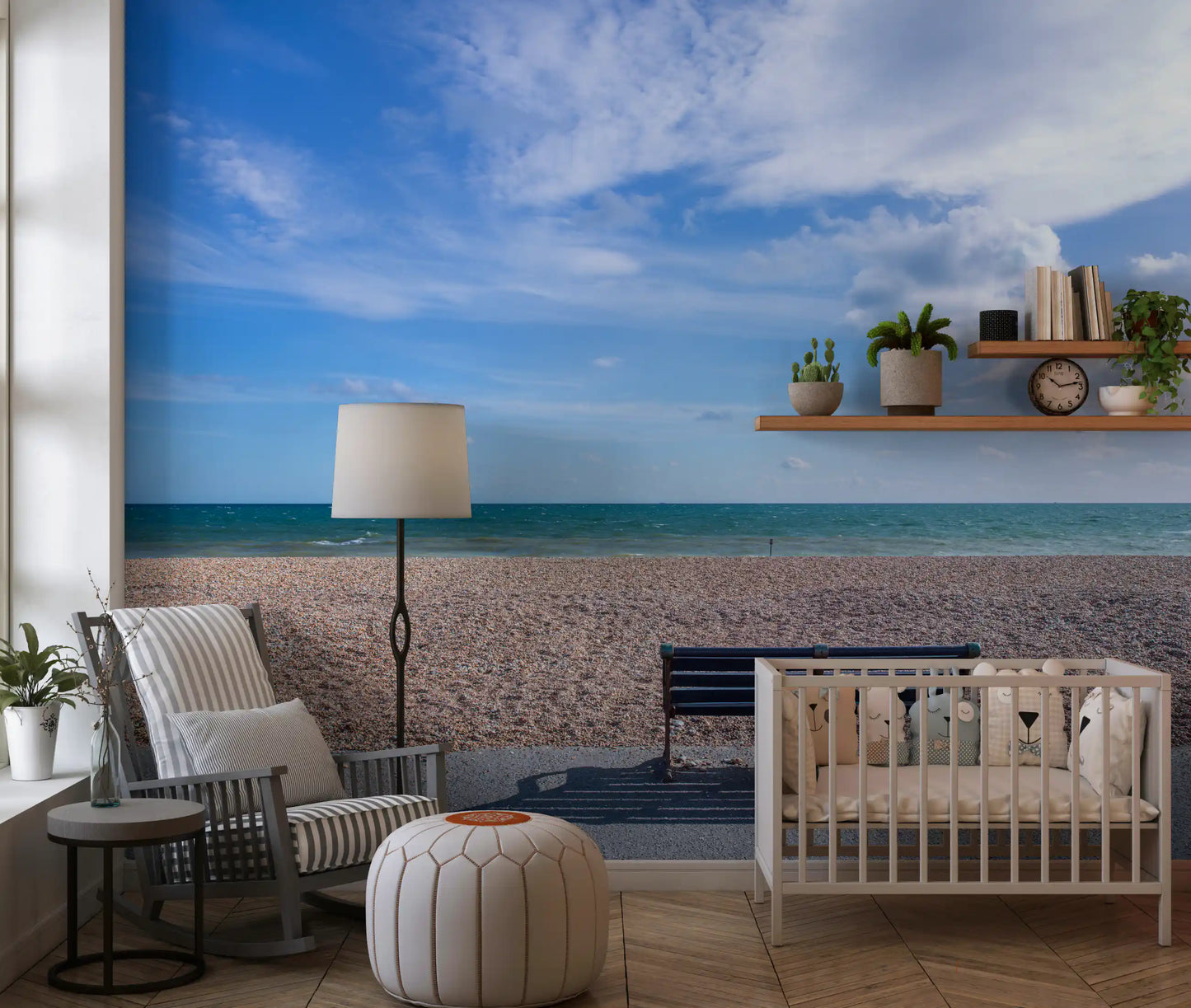 Blue Horizon Escape Wall Mural showing a wooden bench on a stone shoreline., GD9870