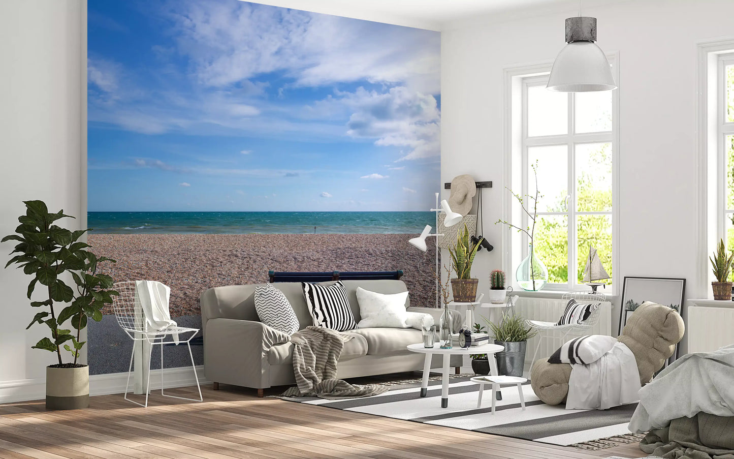 Ocean horizon wall mural with brown pebbles and light blue clouds for living room., GD9870