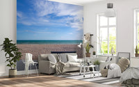 Ocean horizon wall mural with brown pebbles and light blue clouds for living room., GD9870