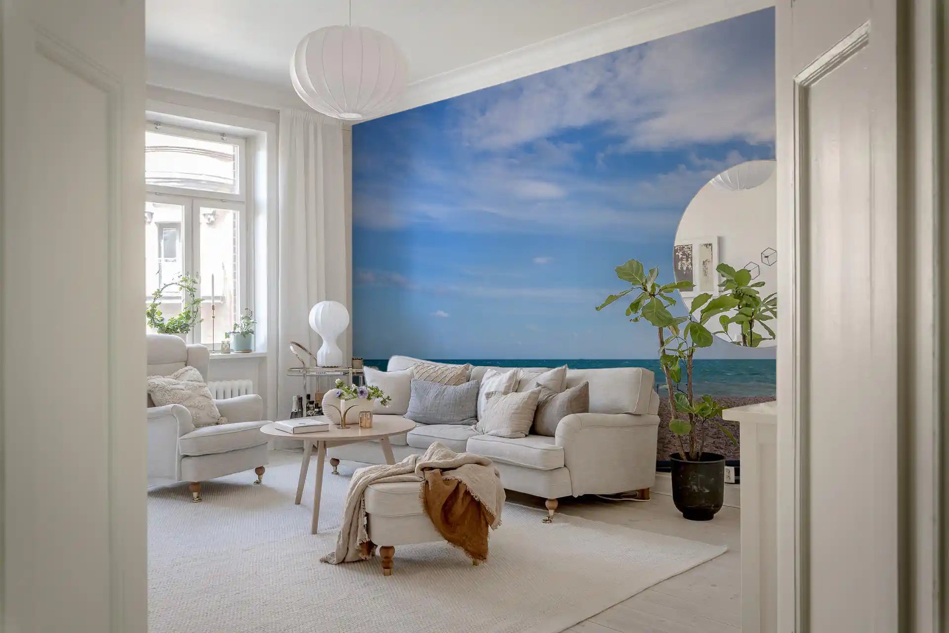 Blue Horizon Escape Wall Mural depicting a seaside view with a lonely bench., GD9870