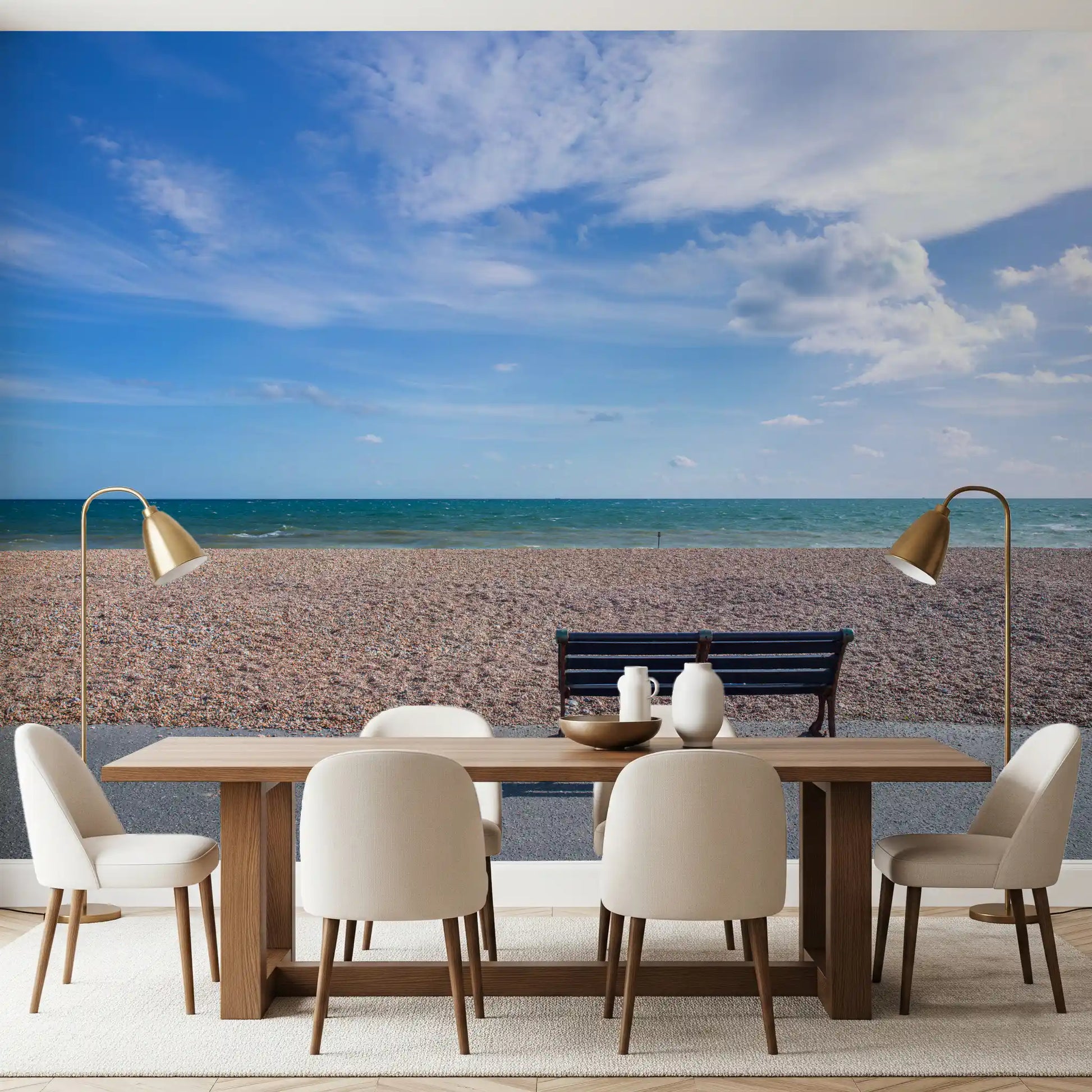 Coastal beach bench landscape wall mural in blue and tan shades for dining space., GD9870