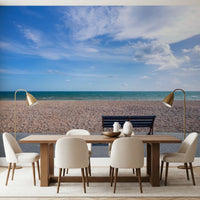 Coastal beach bench landscape wall mural in blue and tan shades for dining space., GD9870