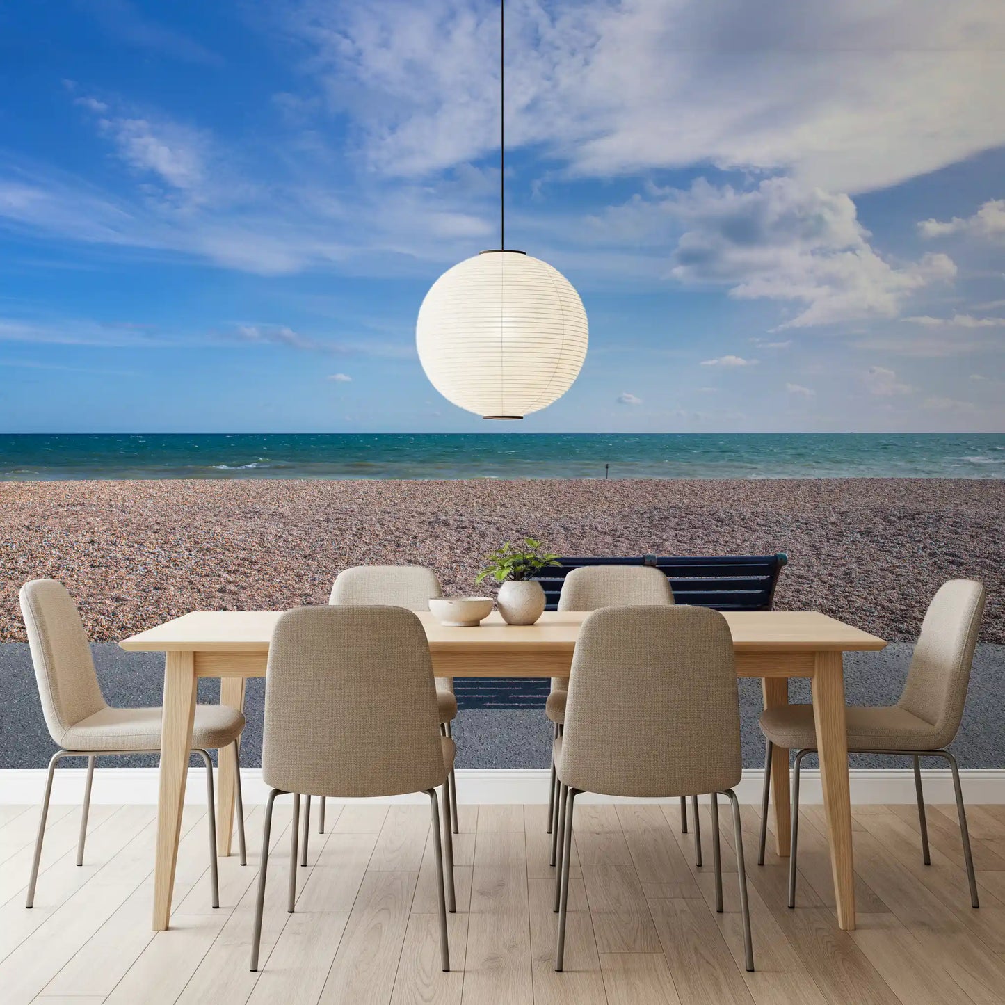 Seaside pebble beach and cloudy sky wall mural for minimalist dining room decor., GD9870