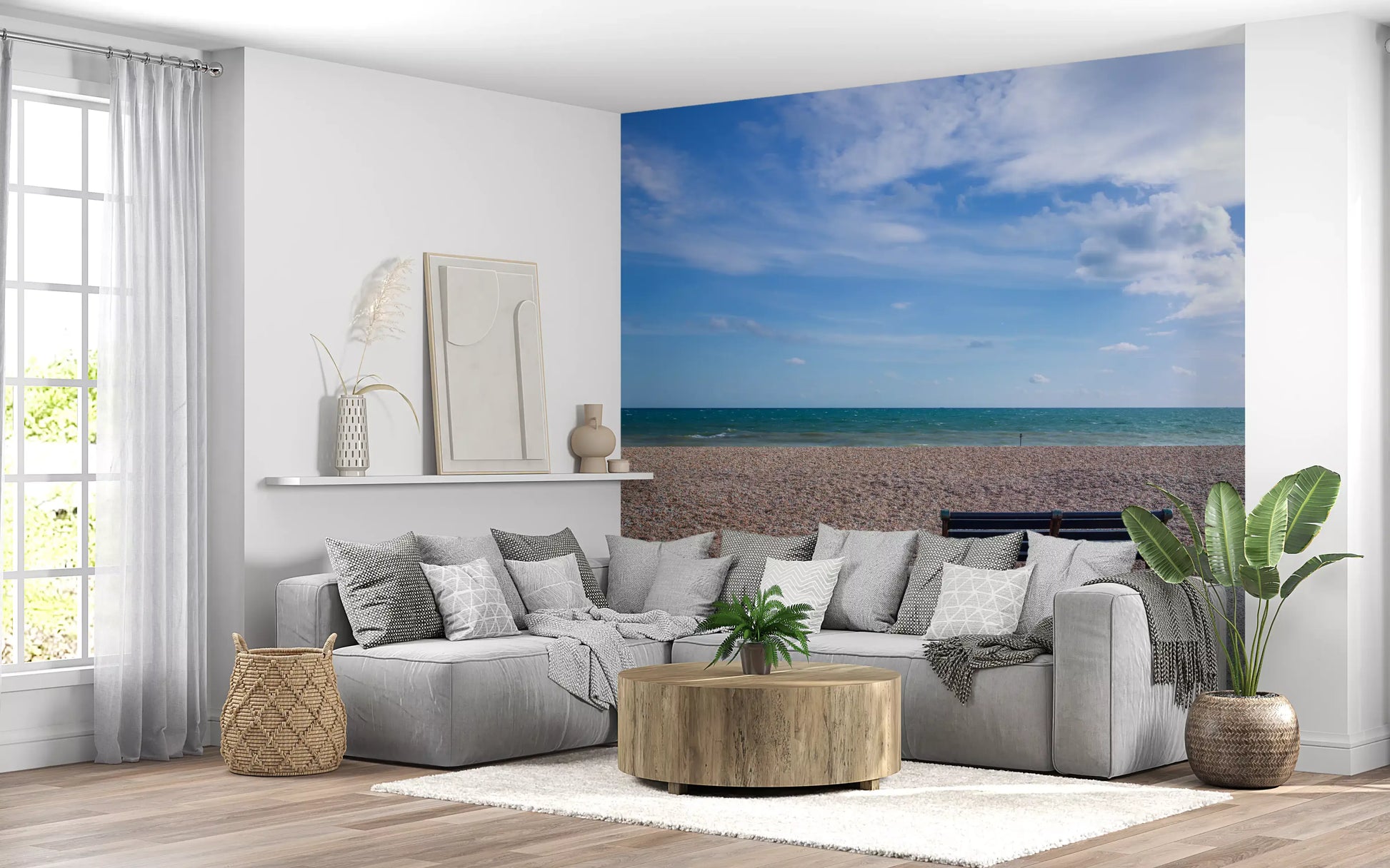 Wide beach landscape wall mural with blue sky and textured pebble ground detail., GD9870