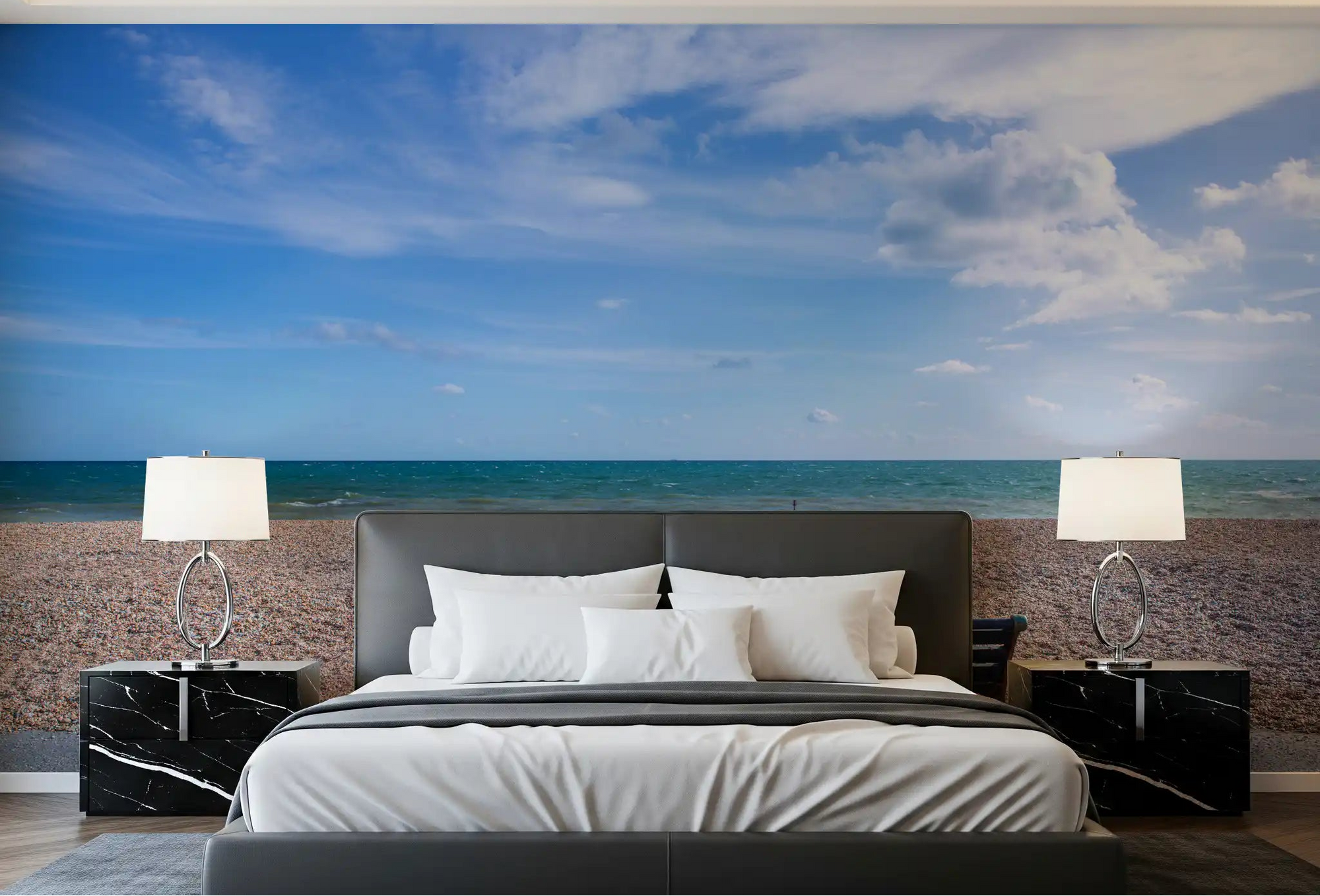 Blue Horizon Escape Wall Mural with blue sky and pebble beach for bedroom., GD9870