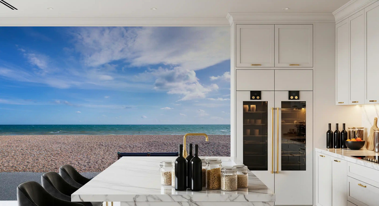 Realistic coastal sea view wall mural with blue water and grey clouds on horizon., GD9870