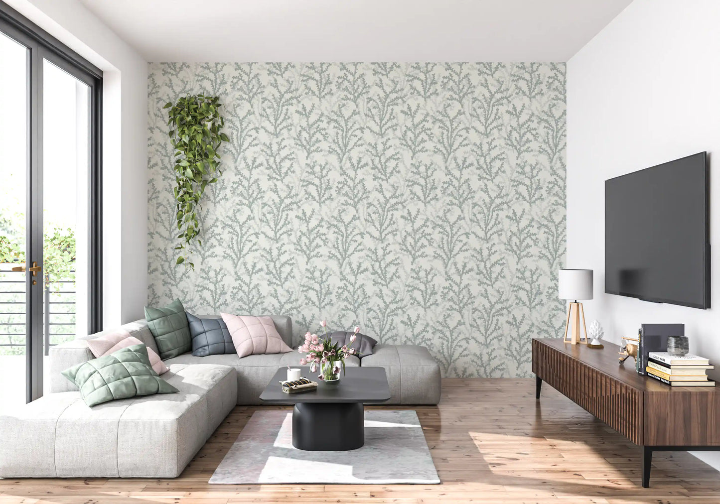 Painted Coraline Greenish Grey Wallpaper⁠