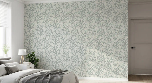 Minimalist greenish aquatic plant wallpaper for a sunlit bedroom.