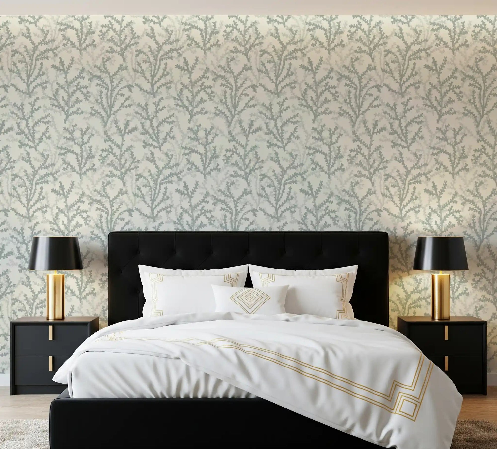 Greenish grey coraline pattern wallpaper for a neutral bedroom wall., GD9873