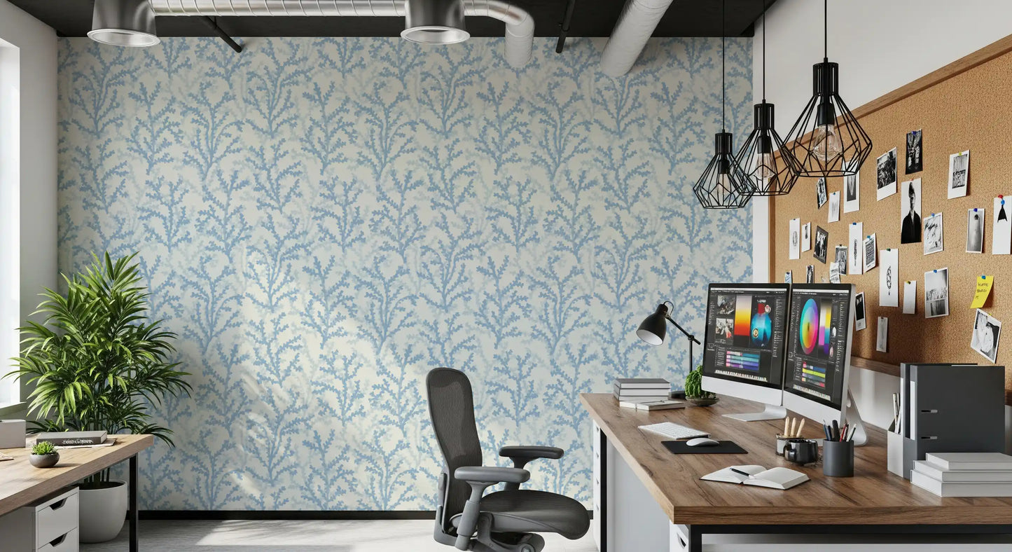 Painted style blue branch wallpaper for a relaxed workspace area., GD9874