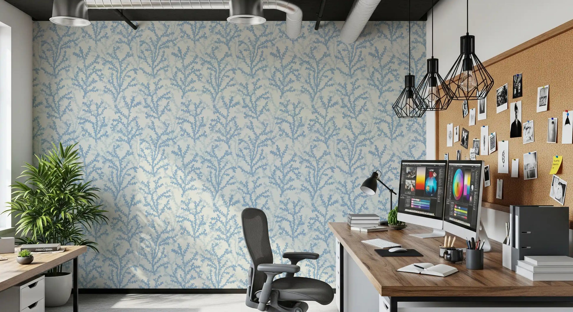 Painted style blue branch wallpaper for a relaxed workspace area., GD9874