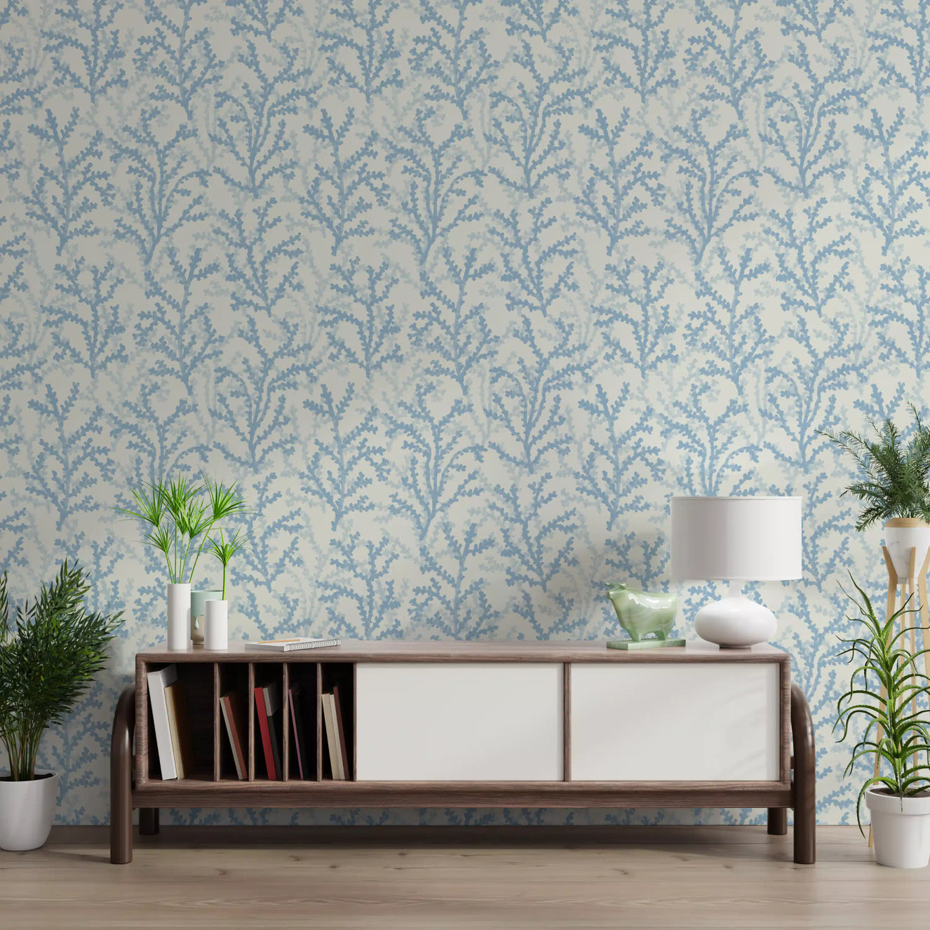 Blue Coraline Dreaming wallpaper for light and airy hallway wall spaces.