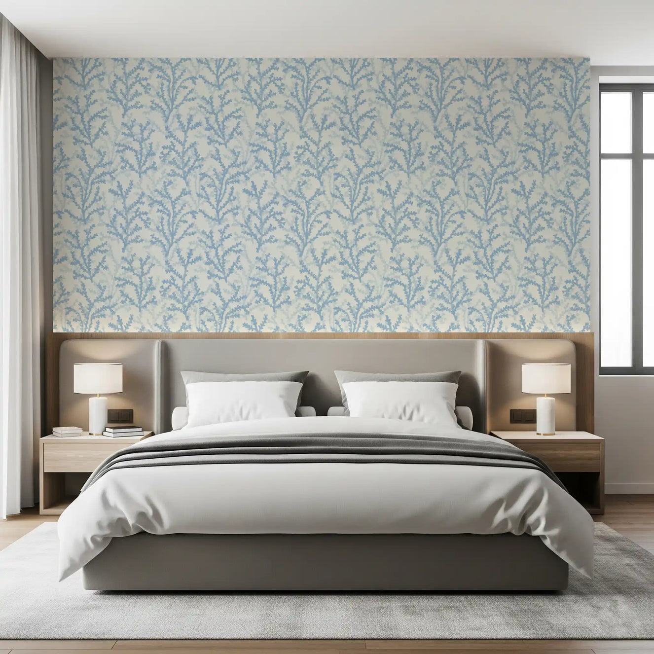 Blue botanical Coraline pattern wallpaper for a minimal bedroom style.