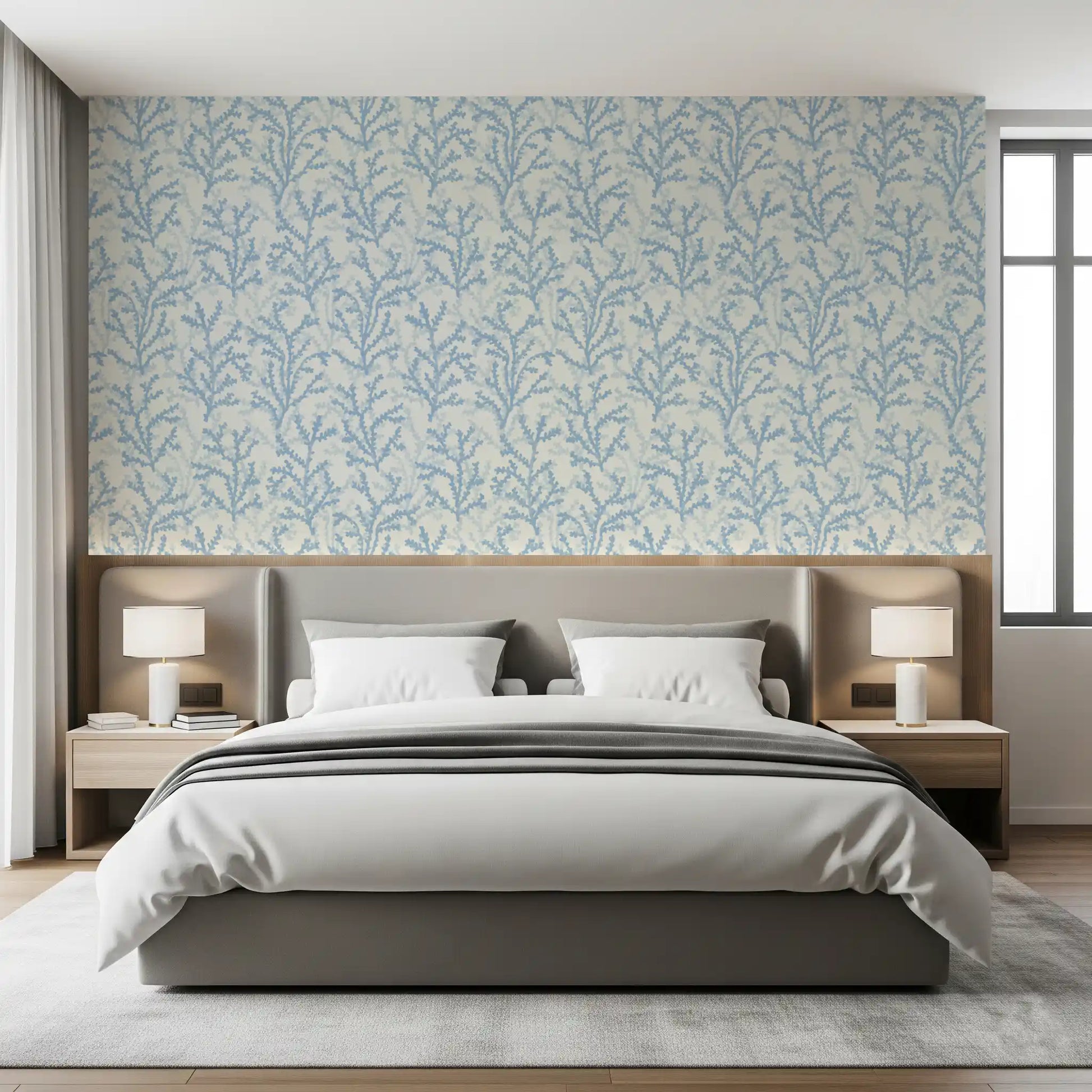 Blue botanical Coraline pattern wallpaper for a minimal bedroom style., GD9874