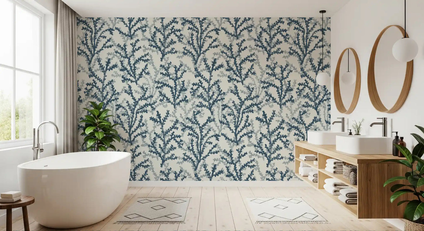 Install Painted Coraline Indian Teal Wallpaper in a bathroom for feature walls.