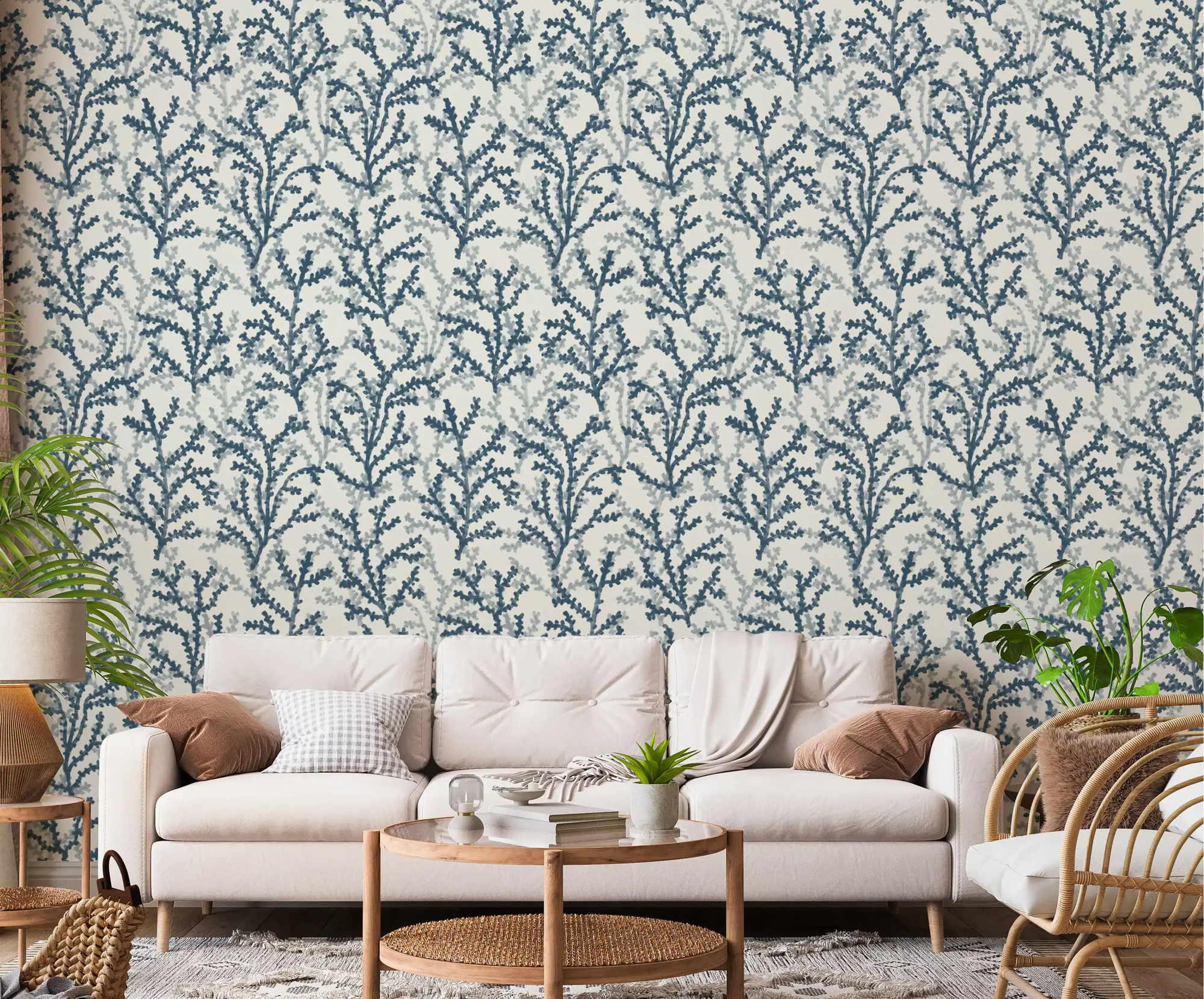 Painted Coraline Indian Teal Wallpaper for modern living room backdrop., GD9875
