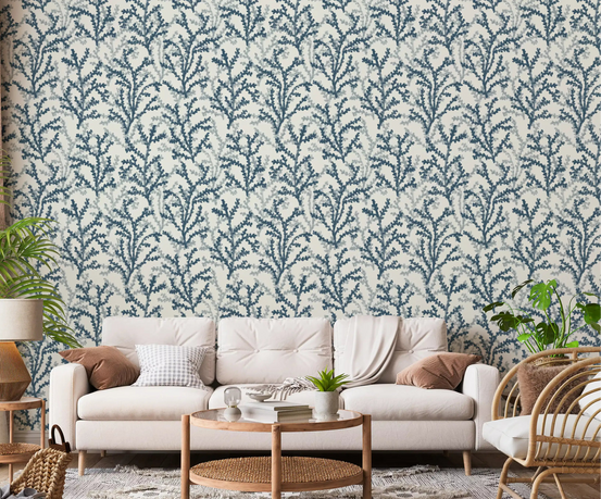 Painted Coraline Indian Teal Wallpaper for modern living room backdrop., GD9875