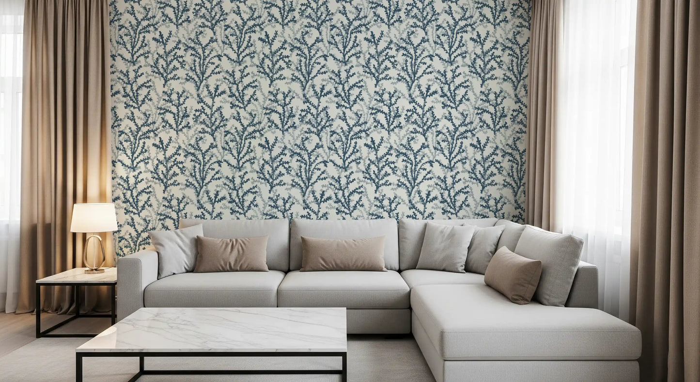 Coraline motif wallpaper with blue-green branches for home interior styling.