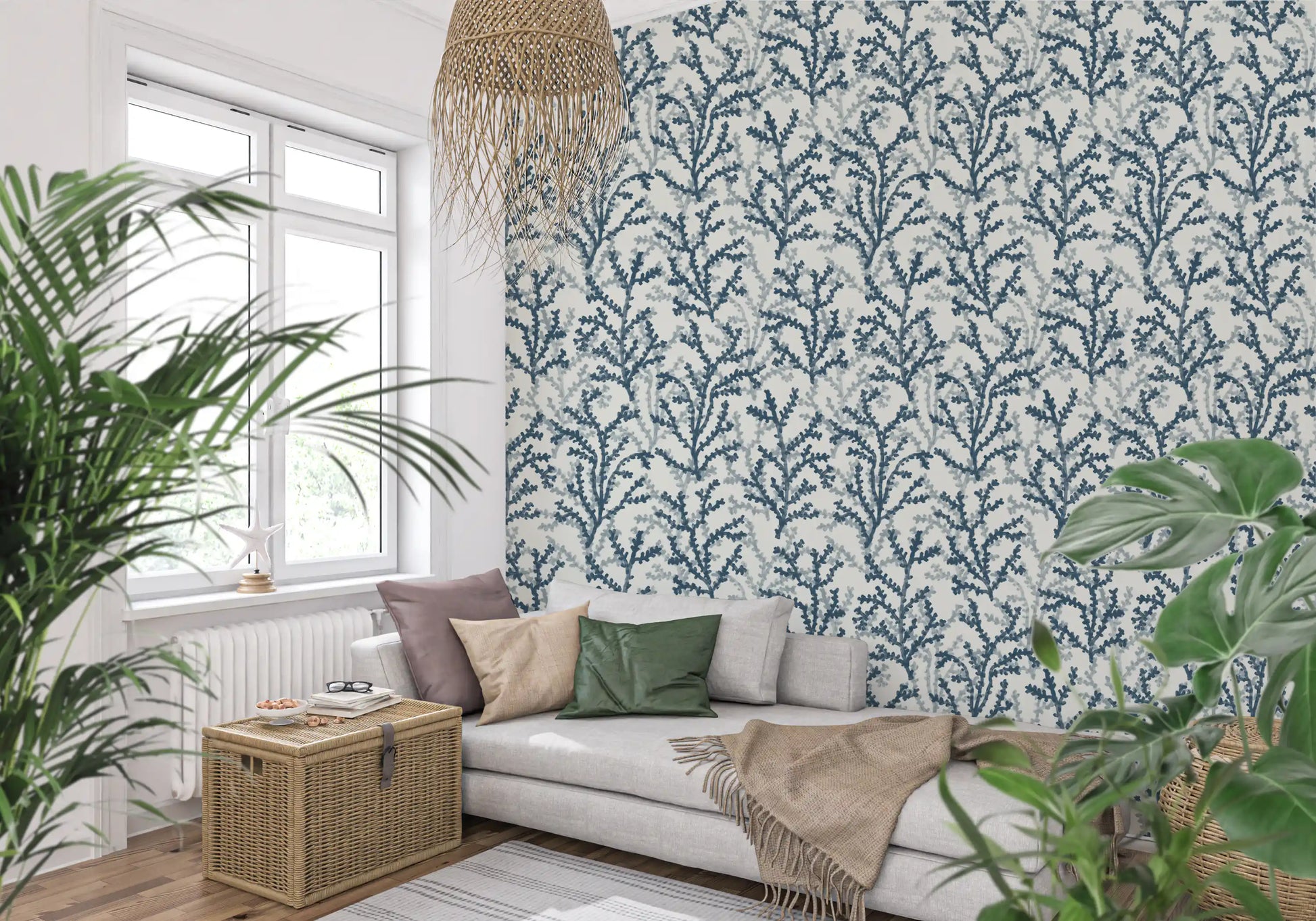 Teal coral branch patterns on a cream background with botanical wallpaper.
