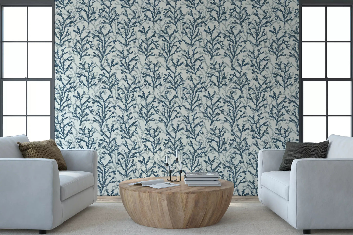 Painted Coraline Indian Teal Wallpaper with teal branch patterns on white.
