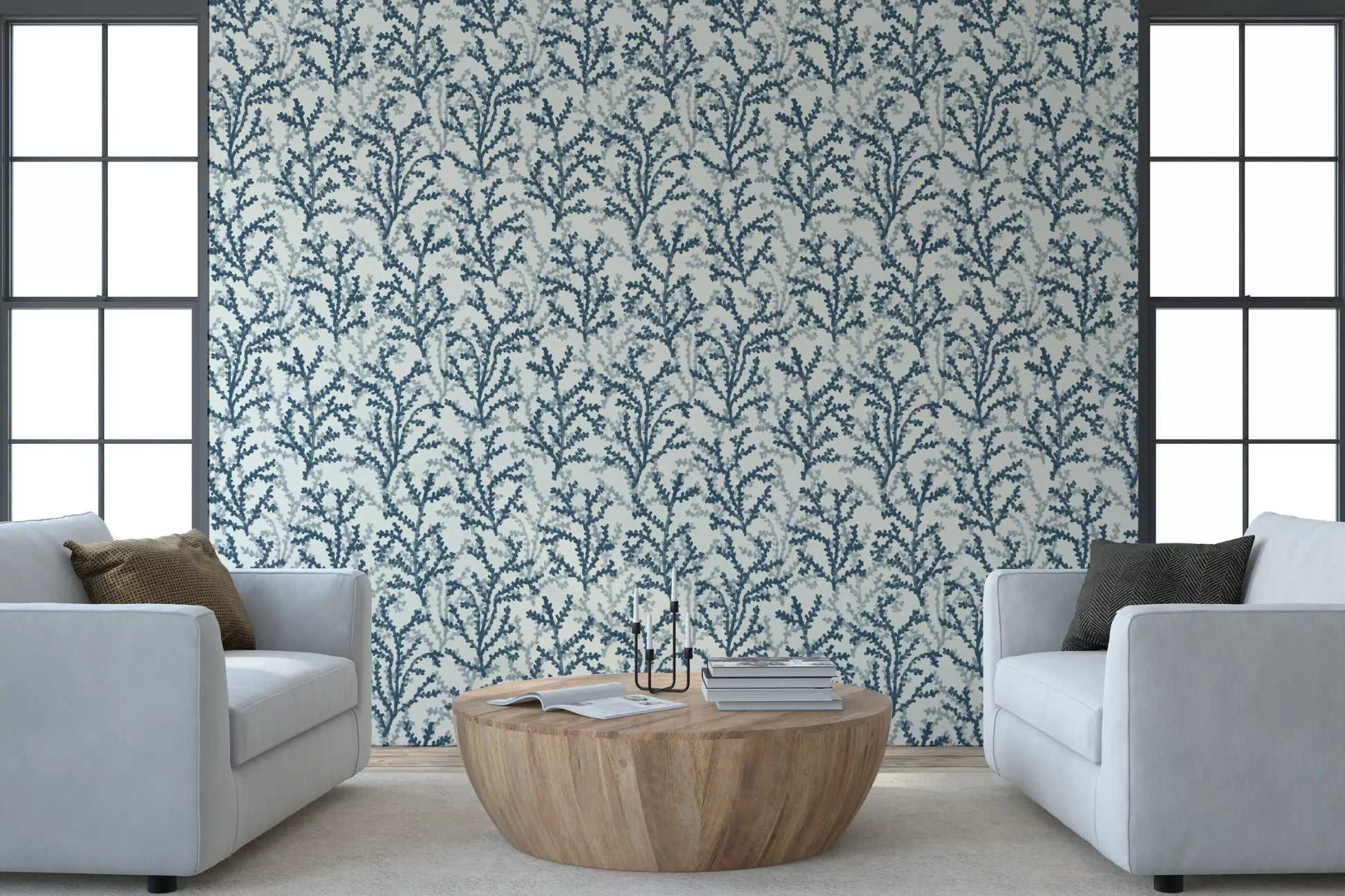 Painted Coraline Indian Teal Wallpaper with teal branch patterns on white.