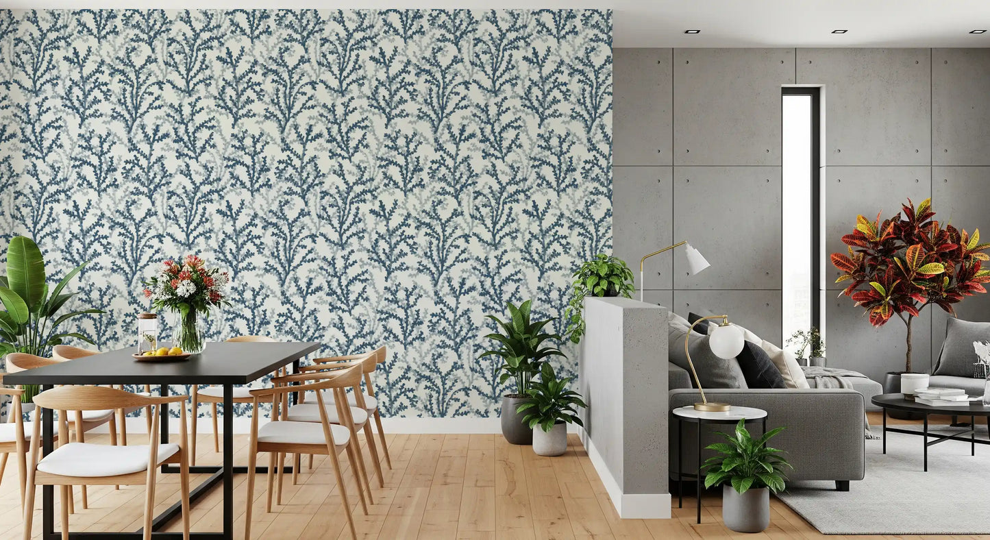Painted botanical pattern wallpaper with aquatic coral shapes for dining area.