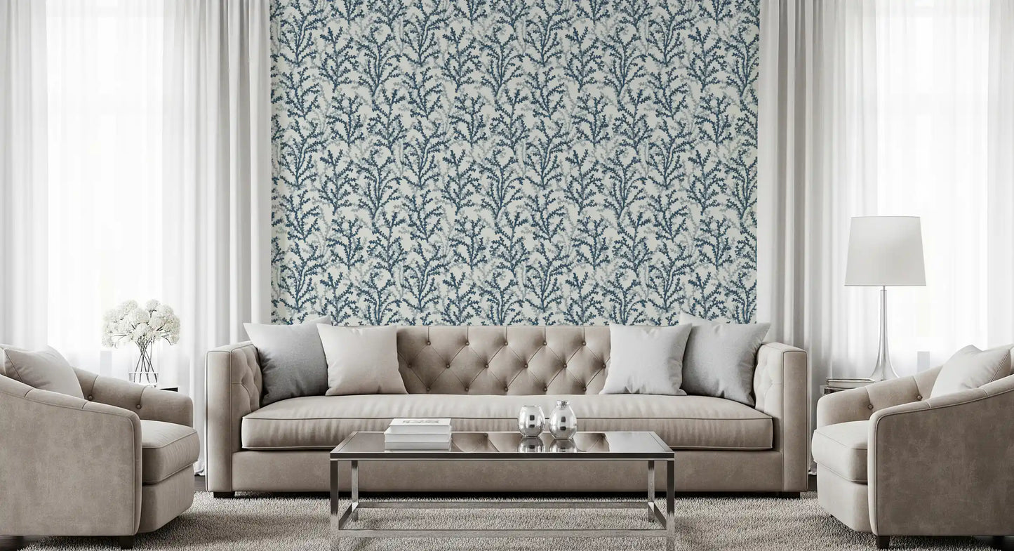 Marine life wallpaper with painted teal coral structures for residential walls.