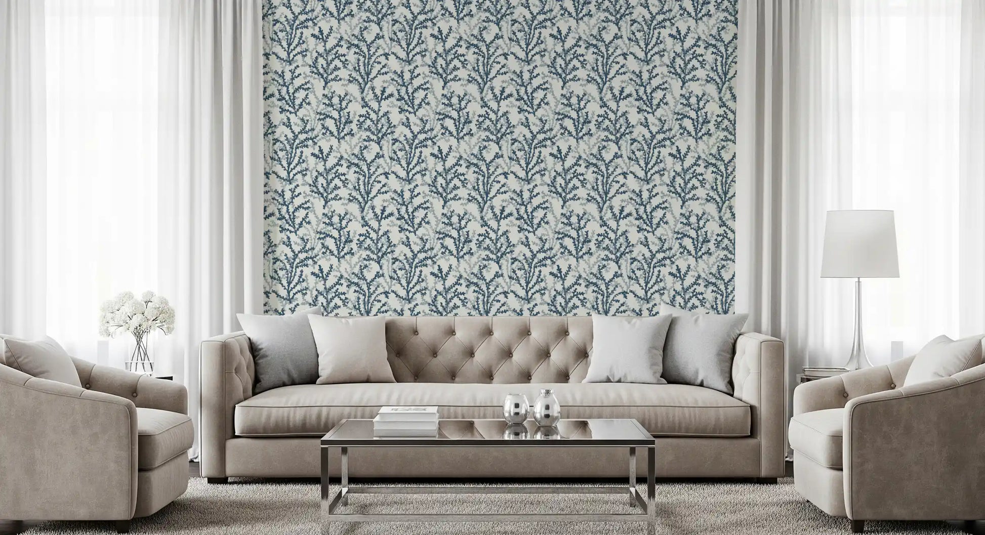 Marine life wallpaper with painted teal coral structures for residential walls.