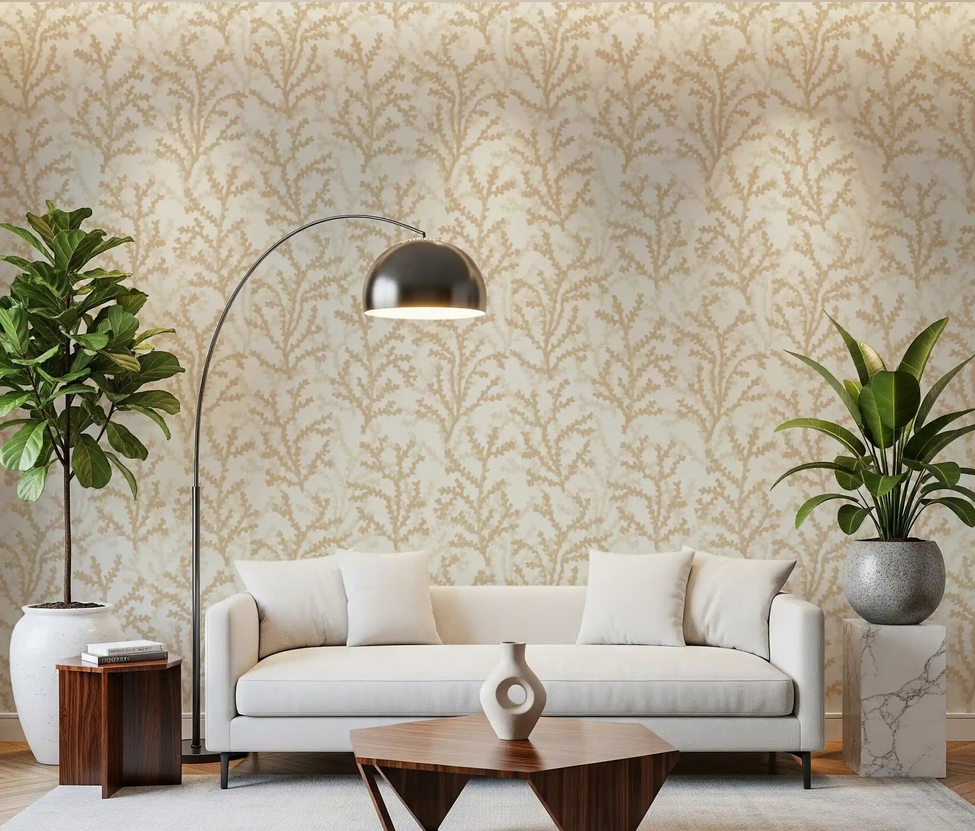 Painted Coraline Sand Wallpaper in a living room with cream and tan tones., GD9876