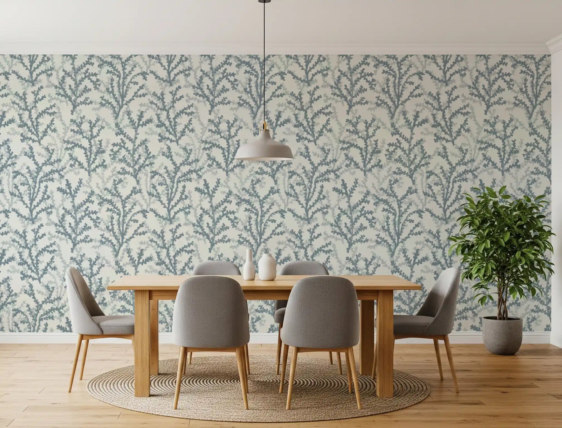 Painted branch design wallpaper with slate coral shapes on light background., GD9877