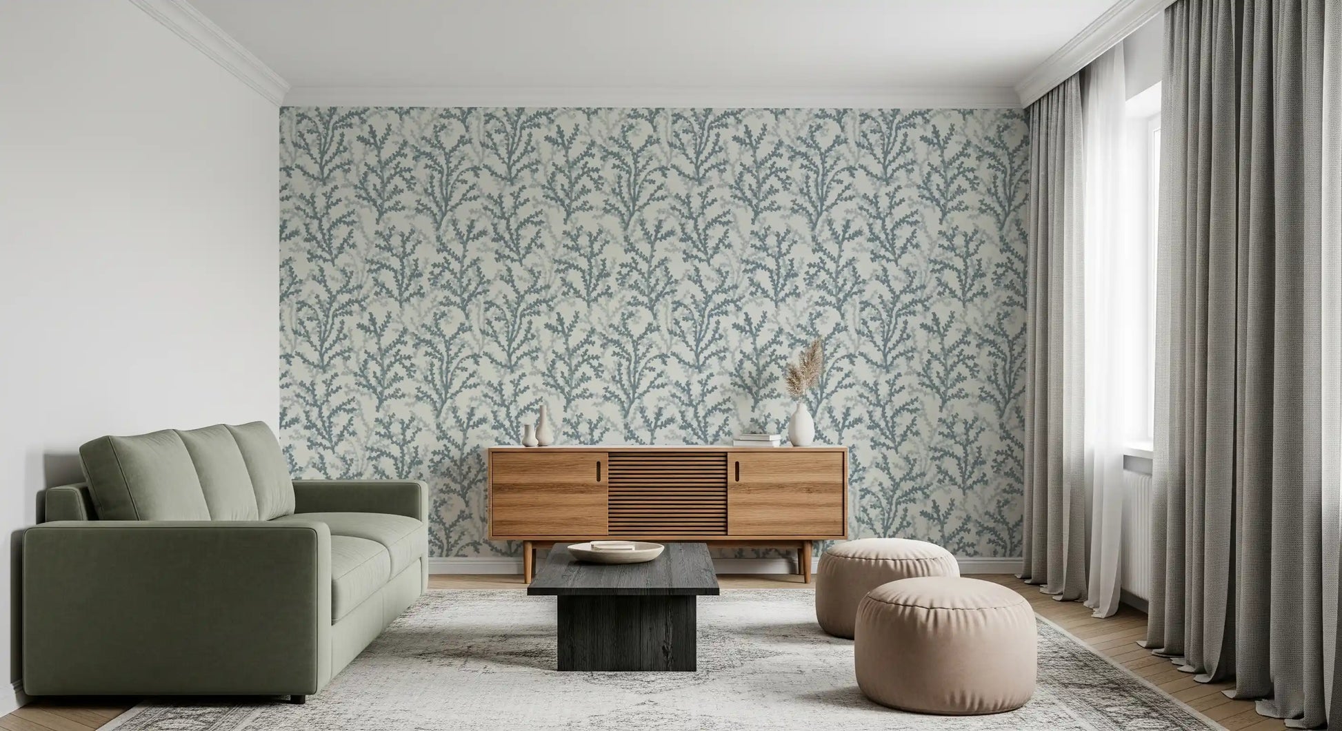 Slate branch pattern wallpaper on a white background for hallway interior., GD9877