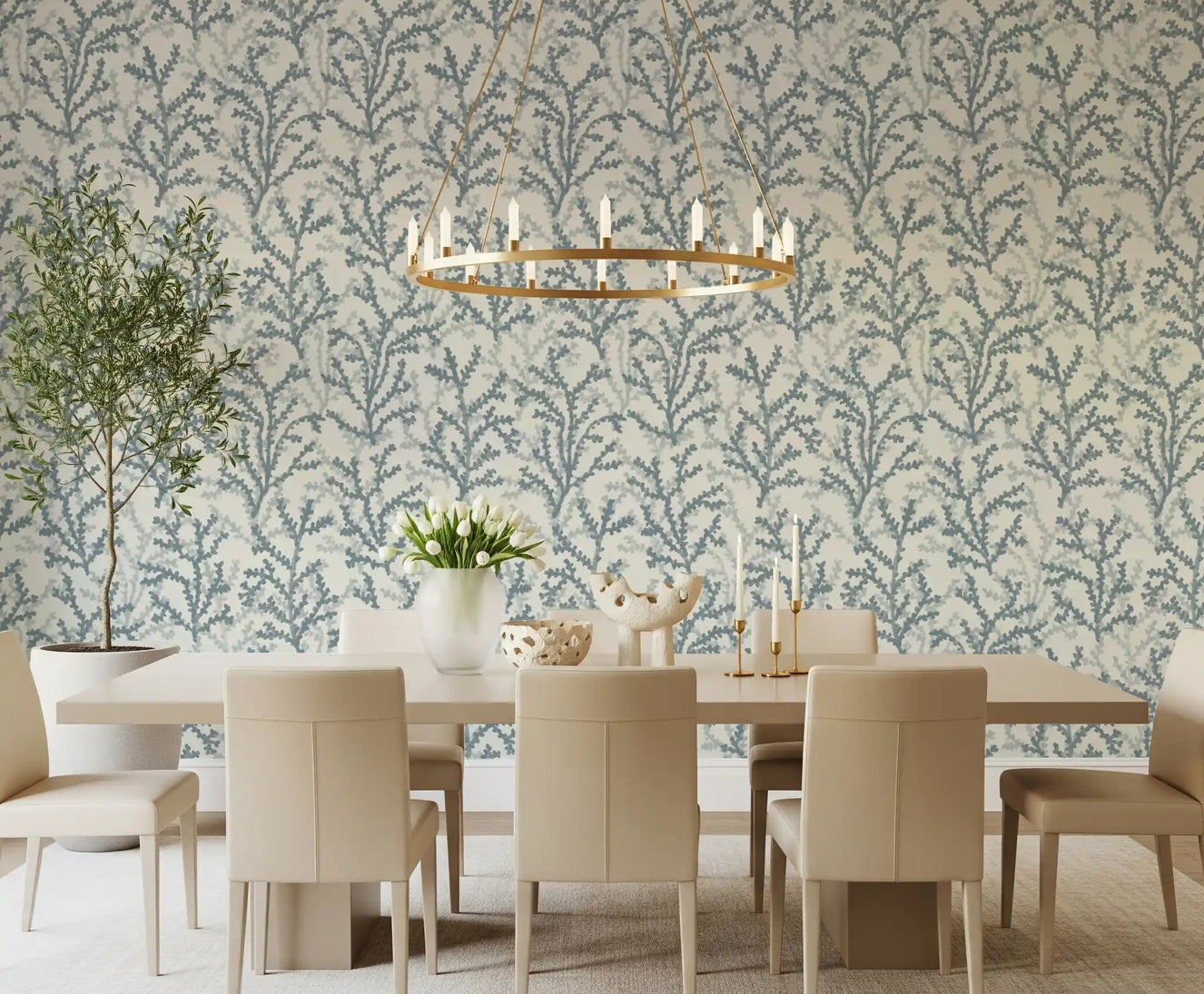 Painted Coraline Slate Gray Wallpaper with grey branches for dining room walls.