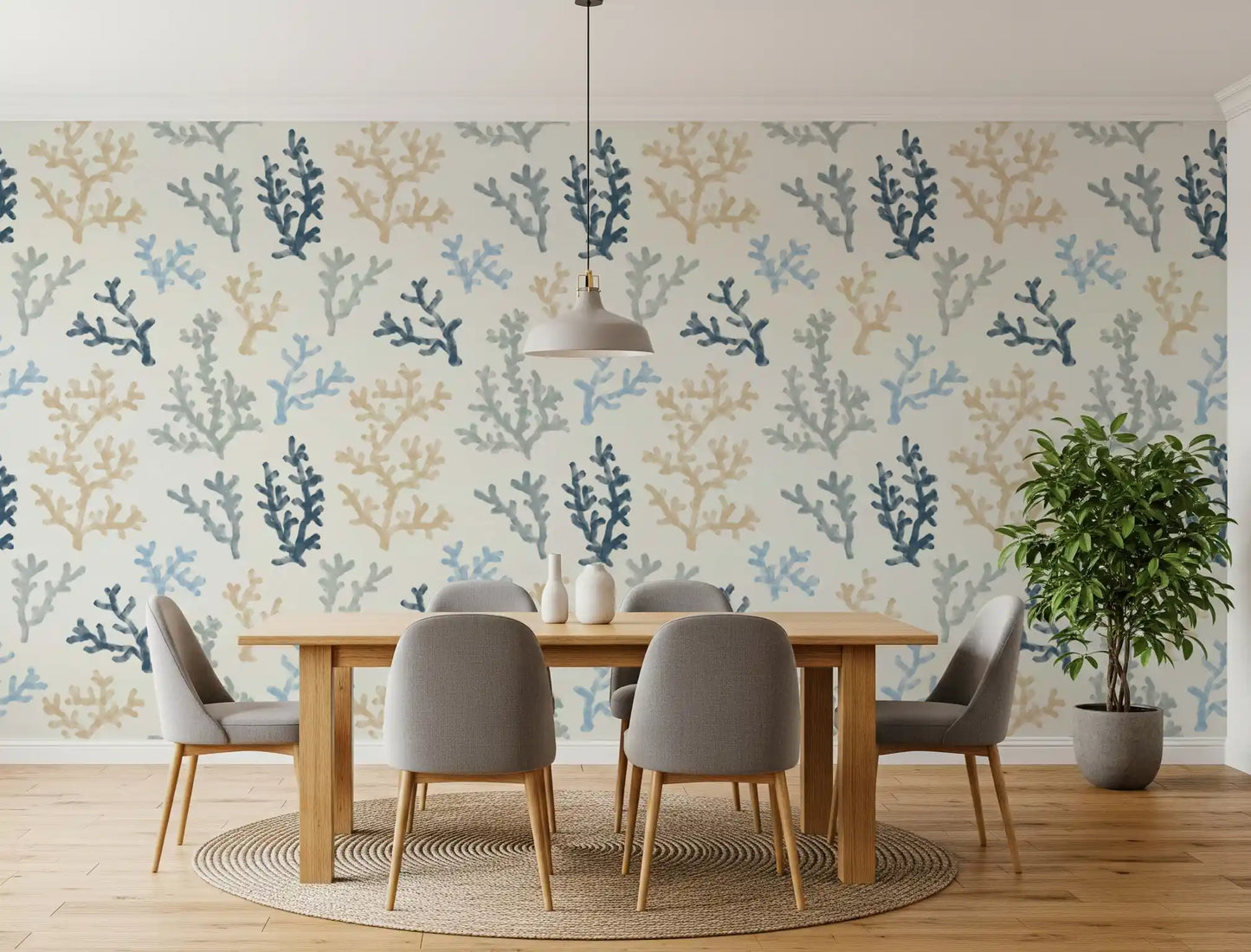 Neutral sand and grey Painted Corals Wallpaper for a dining room.