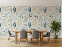 Neutral sand and grey Painted Corals Wallpaper for a dining room.