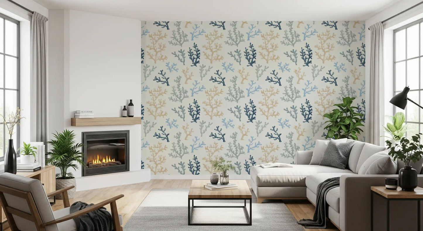 Abstract sand color coral pattern wallpaper for a quiet seating area.
