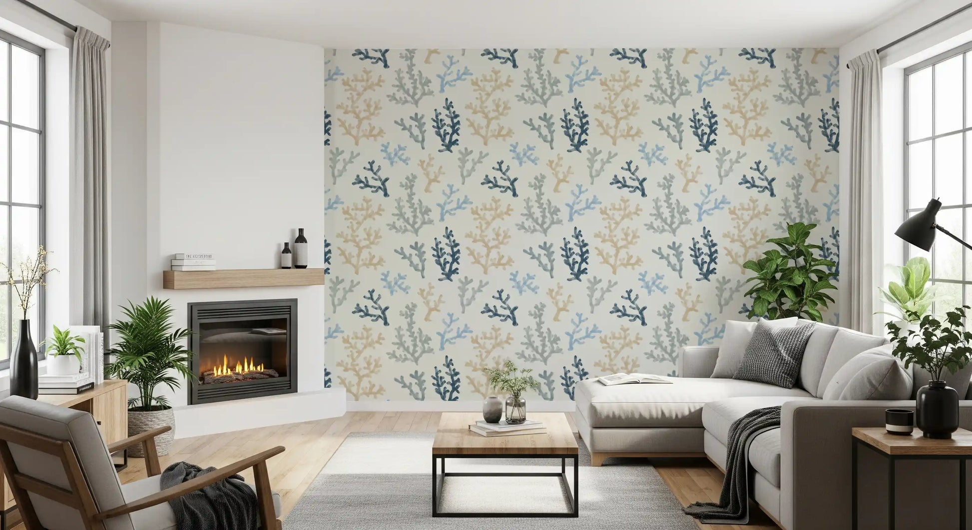 Abstract sand color coral pattern wallpaper for a quiet seating area.