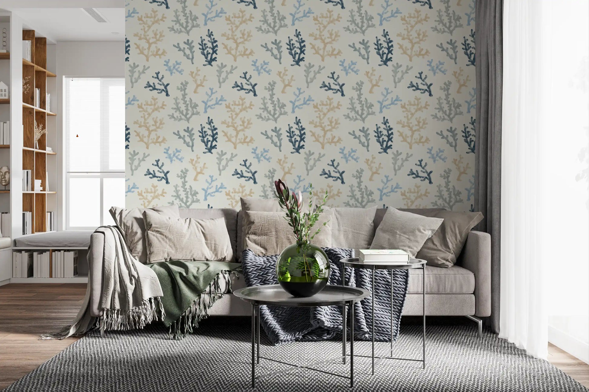 Soft blue coral motif wallpaper for a sunlit living room.