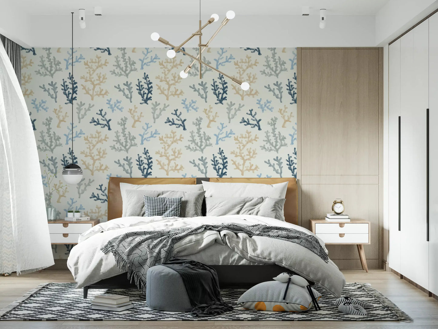 Hand-painted blue sea life wallpaper for a neutral guest room with hand painted motifs.