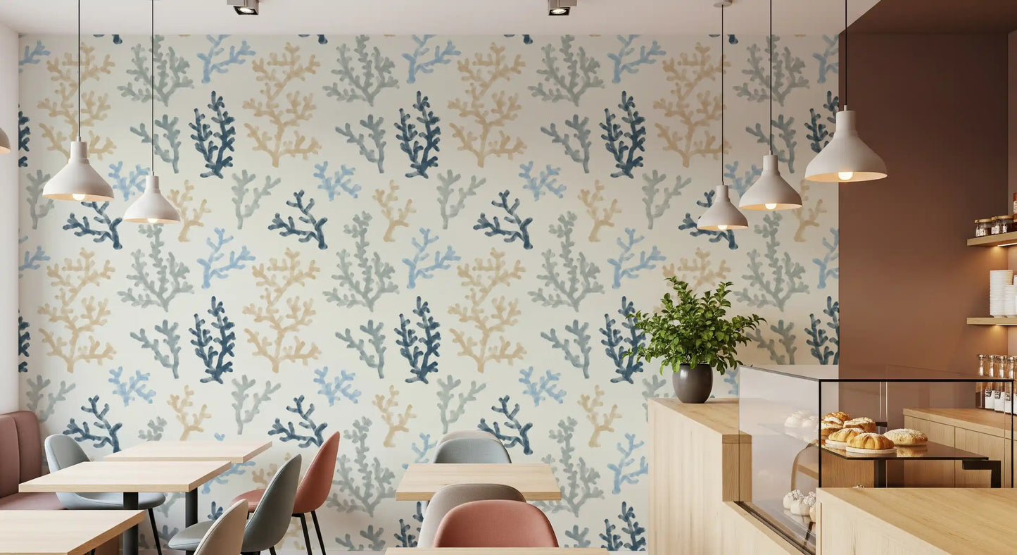 Coastal theme Painted Corals Wallpaper in beige and blue shades.