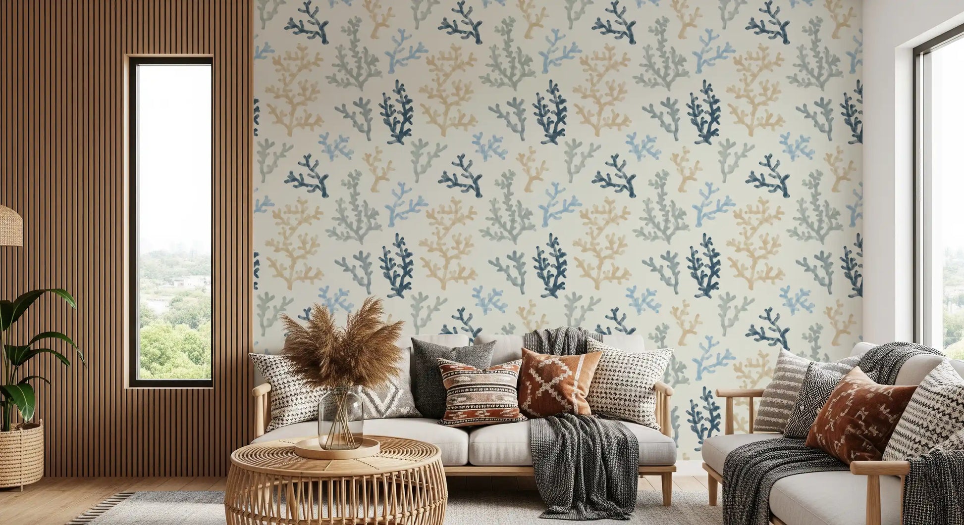 Modern nautical style coral wallpaper in various muted blue tones.