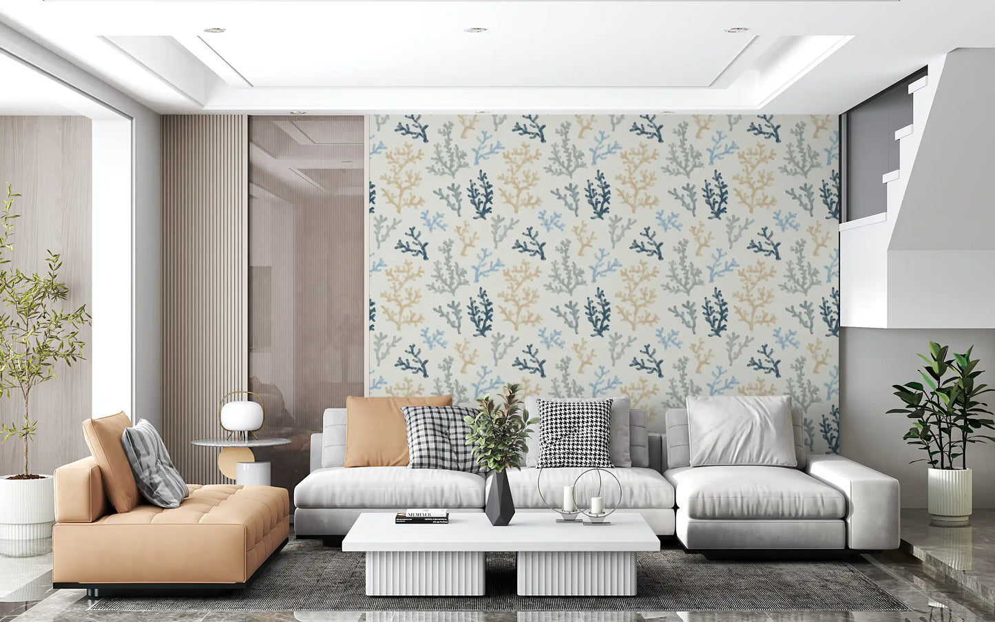 Minimalist watercolor coral wallpaper with an off-white background.