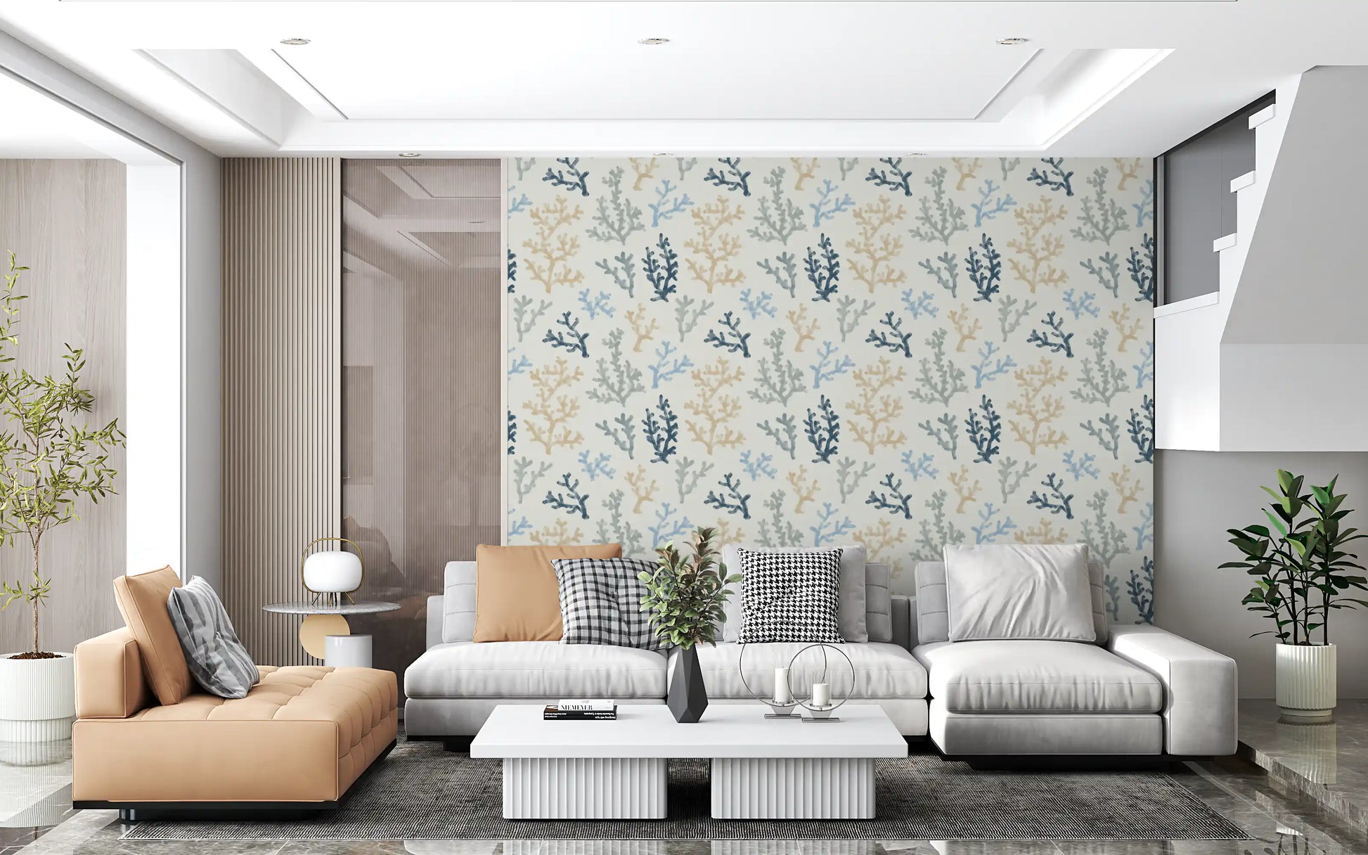 Minimalist watercolor coral wallpaper with an off-white background.