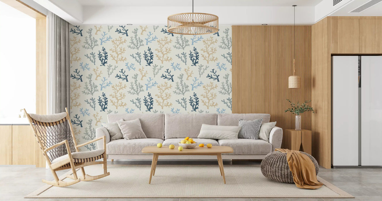 Grey ocean coral pattern wallpaper for modern living room interior.