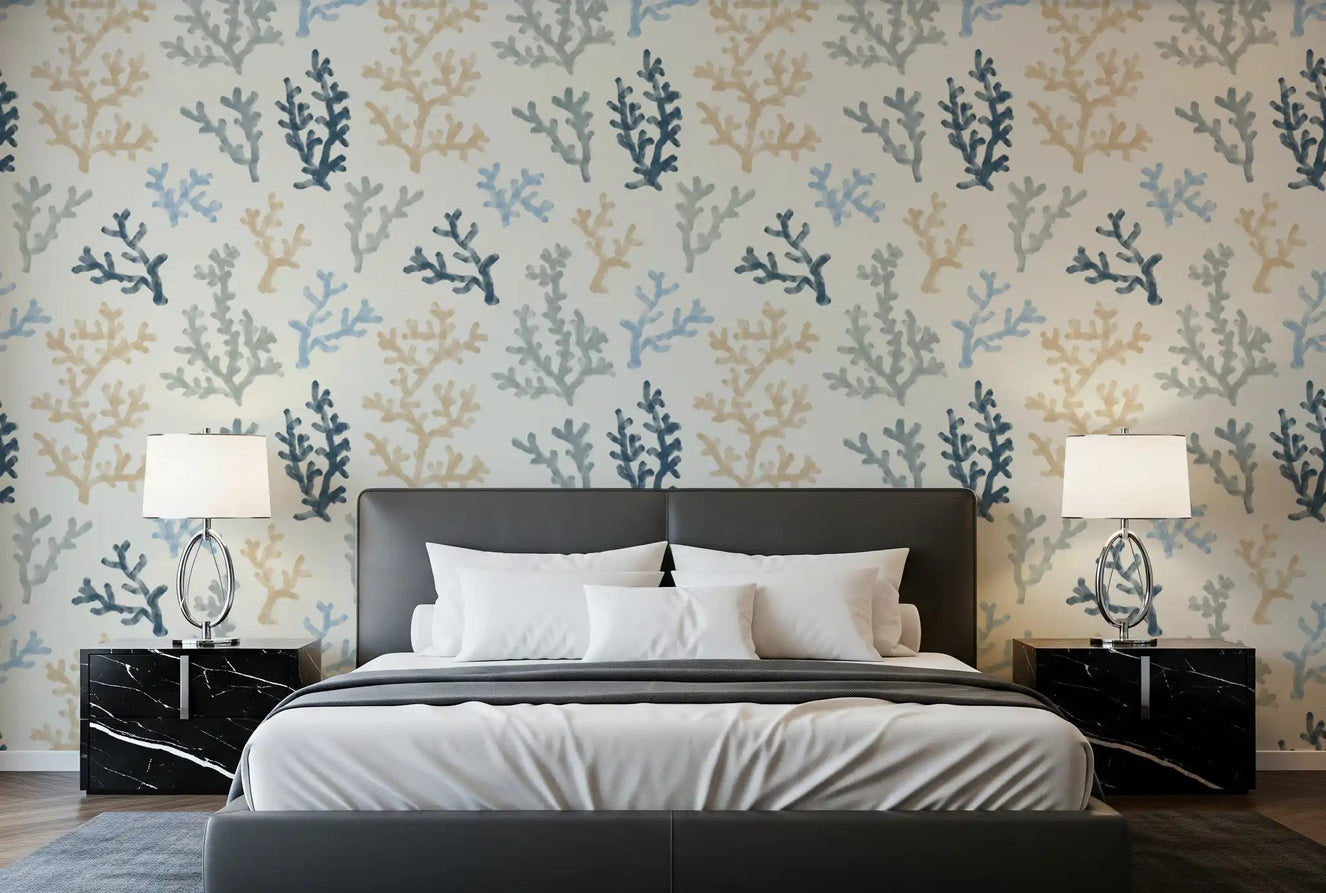 Blue and sand Painted Corals Wallpaper for minimalist bedroom walls.