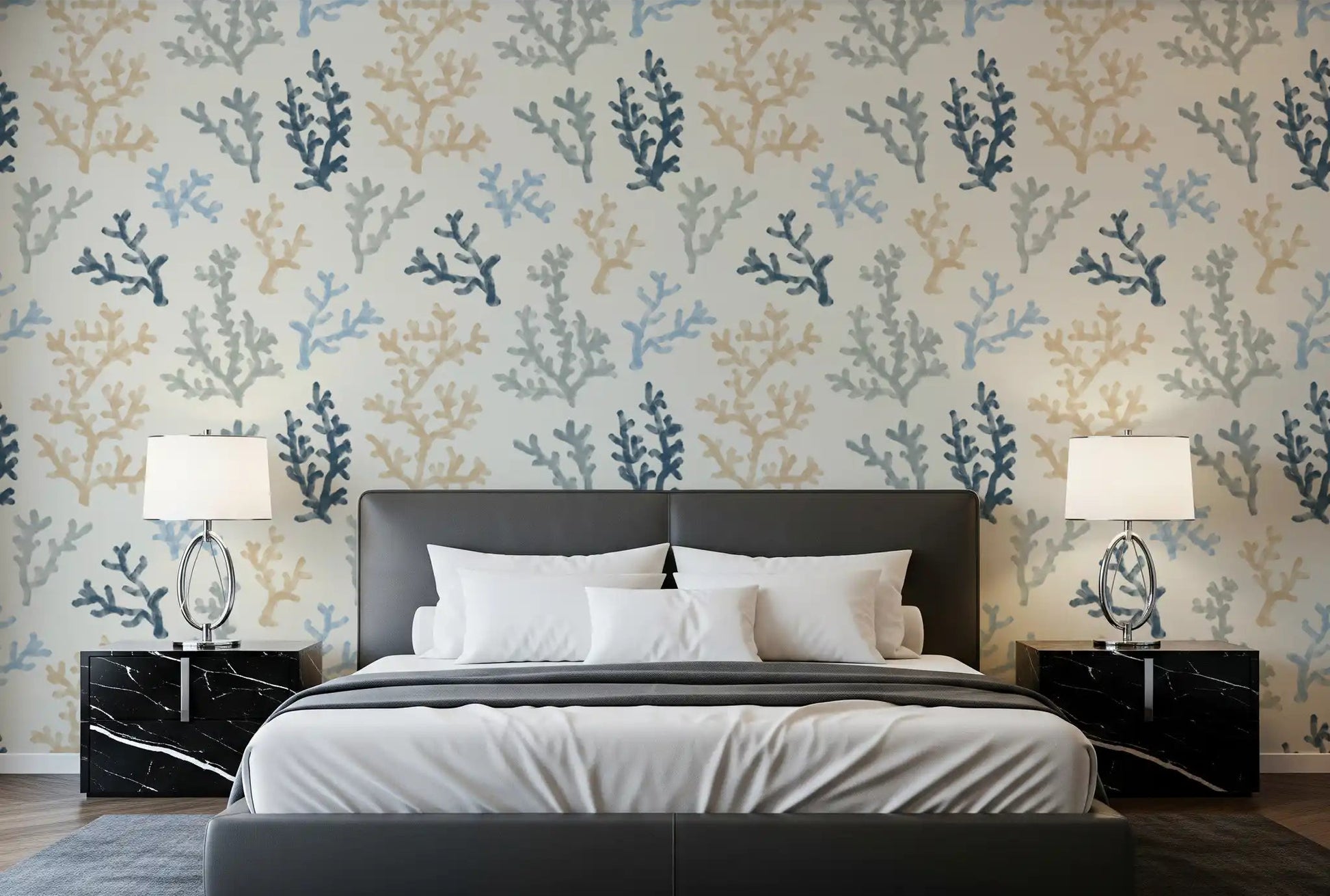 Blue and sand Painted Corals Wallpaper for minimalist bedroom walls.
