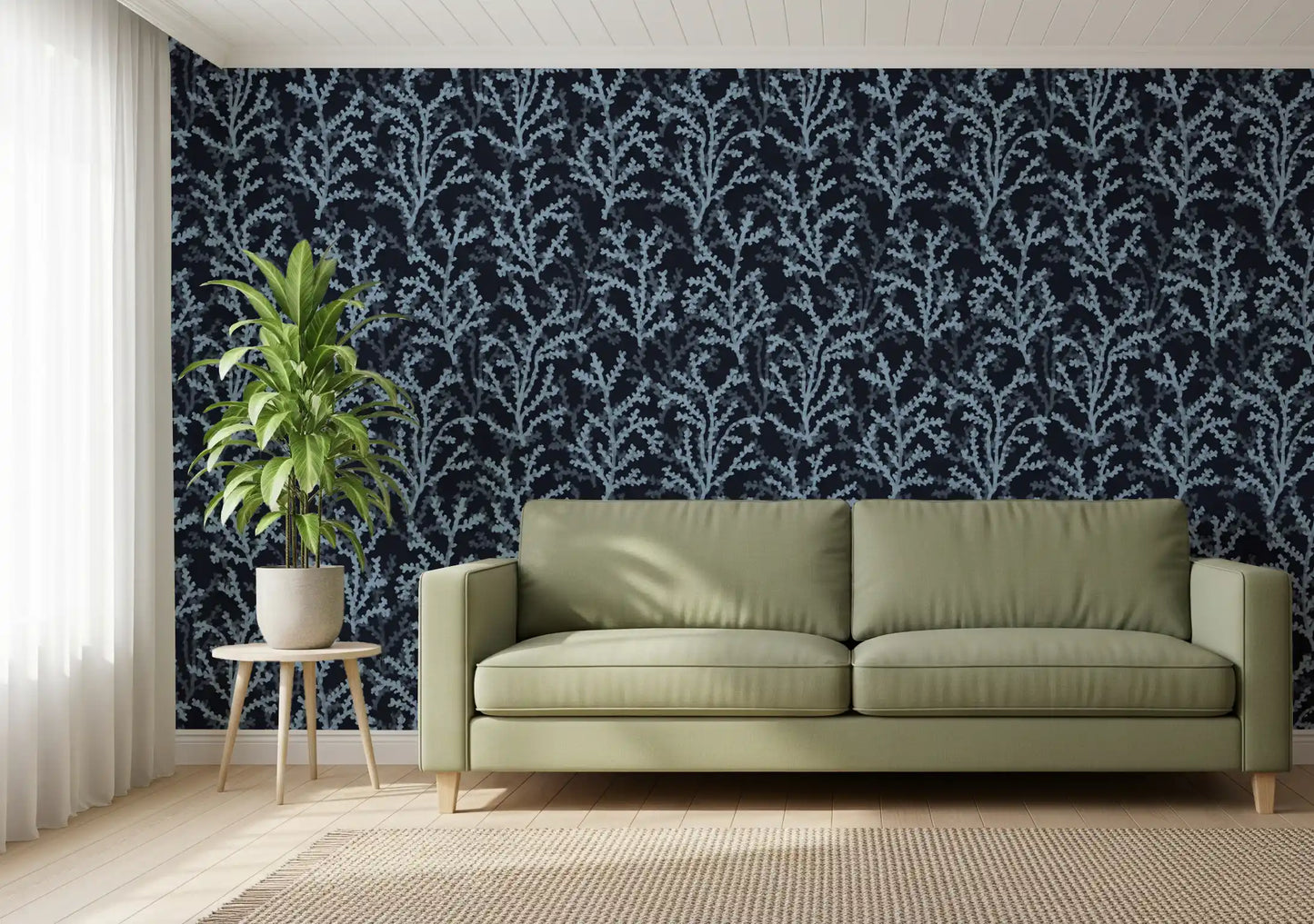 Coastal themed Painted pattern wallpaper for residential living area walls.