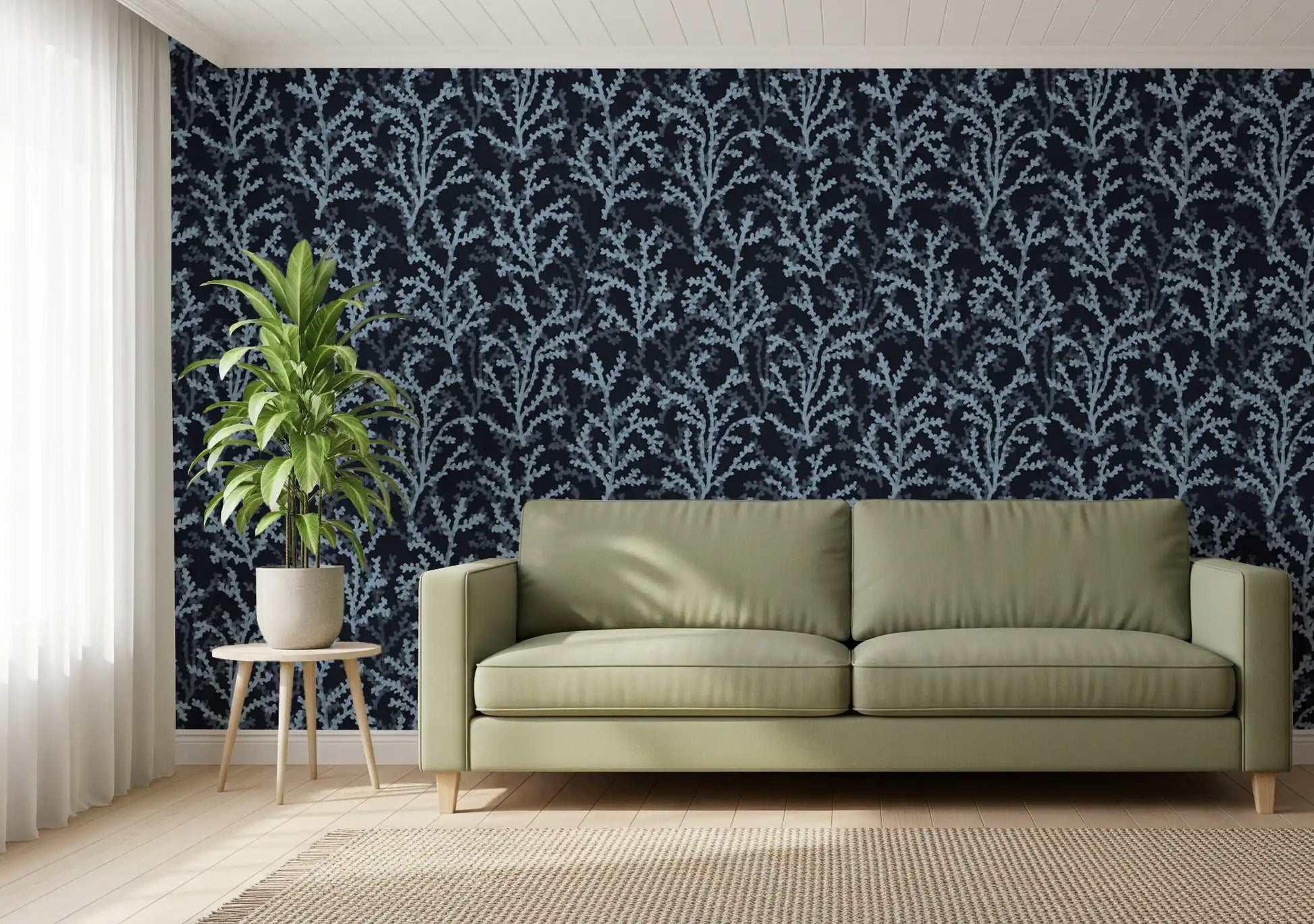 Coastal themed Painted pattern wallpaper for residential living area walls.